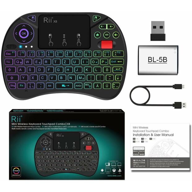 Riitek Rii X8 Mini DE Funk USB Dongle Tastatur QWERTZ & Maus Kombo beleuchtet kabellos